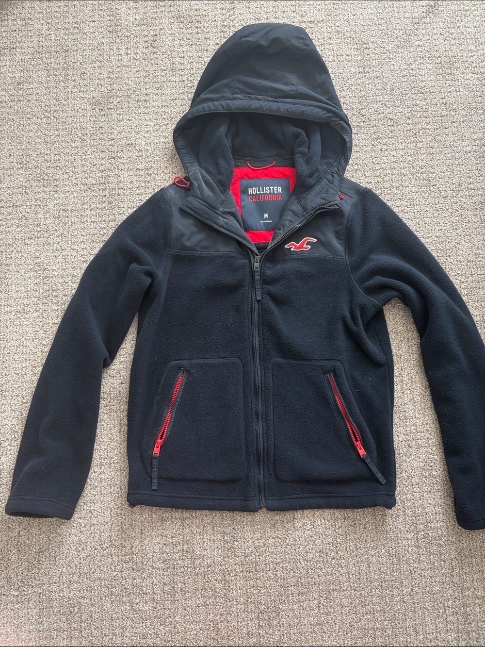 Hollister Navy Hooded Fleece Jacket with Red Accents